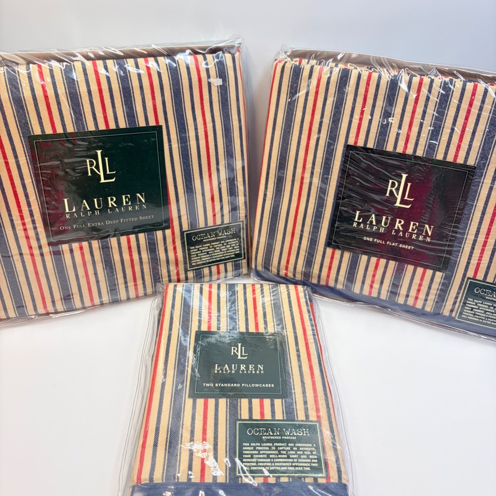 Ralph Lauren Chadwick Ocean Wash Stripe Full Set Flat Fitted Pillowcases Italy